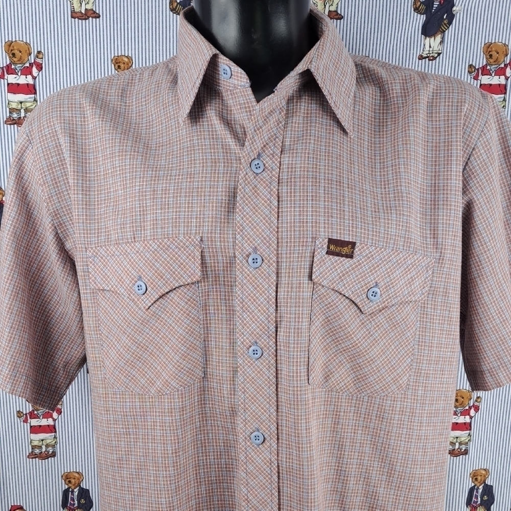 Vintage Wrangler brown & blue plaid western casual button-up short sleeve shirt